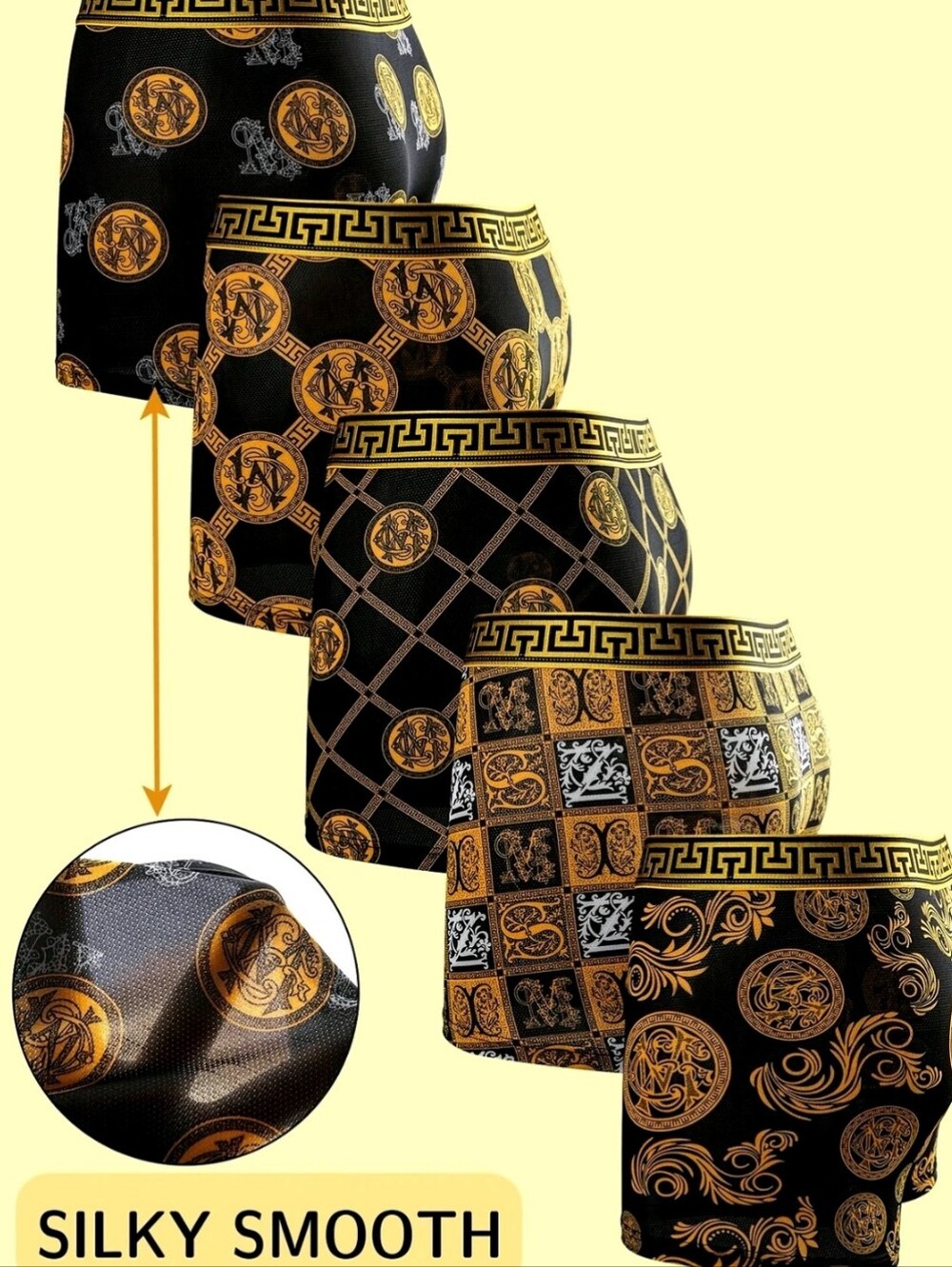 Men's Black & Gold Patterned Stretch Boxer Briefs -  5PACK